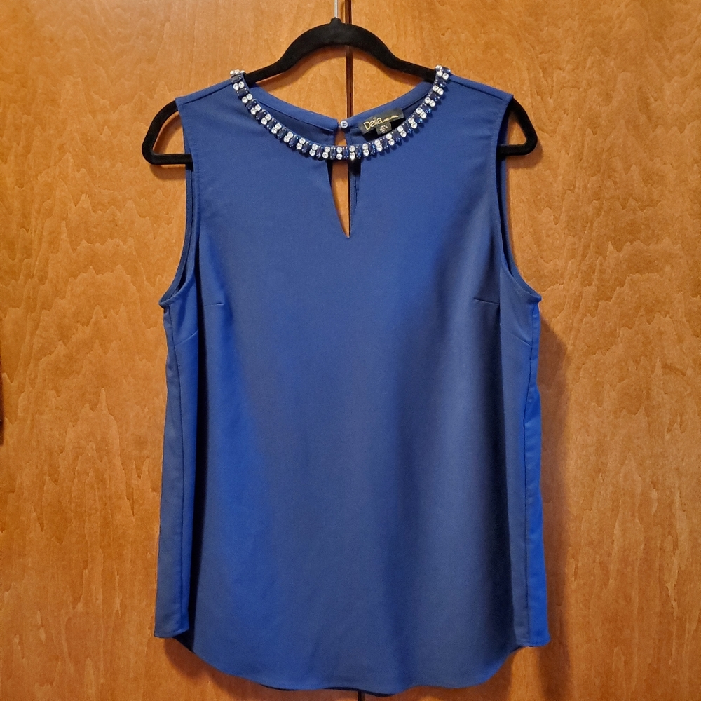 Dalia Navy Embellished Jeweled Neckline Keyhole Tank Top, L NWOT